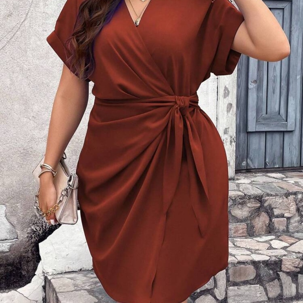SHEIN Terracotta Tie-Front Midi Dress - Picture 1 of 6